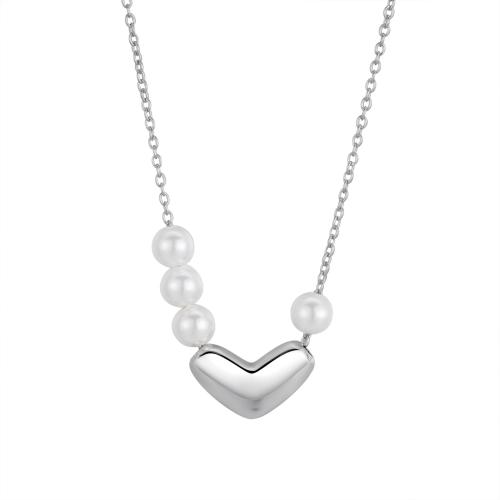 925 Sterling Silver Necklaces, with Plastic Pearl, Heart, for woman, platinum color, Length:Approx 41-50 cm, Sold By PC