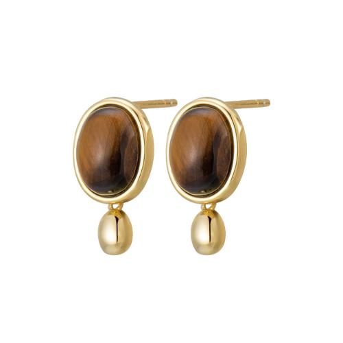 925 Sterling Silver Stud Earrings, with Tiger Eye, for woman, more colors for choice, 15.84x9.12mm, Sold By Pair