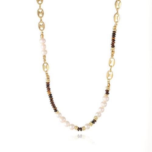 Freshwater Pearl Brass Necklace, with Freshwater Pearl, vintage & for woman, golden, Length:Approx 46 cm, Sold By PC