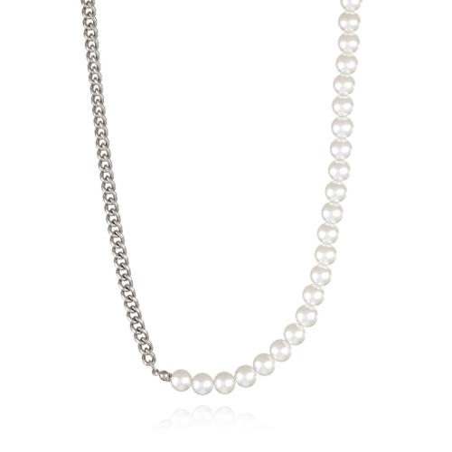 Collar de acero inoxidable de la joyería, acero inoxidable 304, con Perlas de vidrio, chapado, para mujer, en blanco y negro, longitud:aproximado 46 cm, Vendido por UD