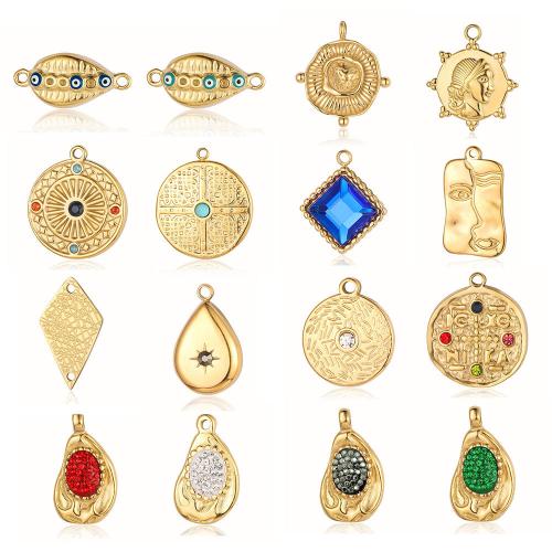 Stainless Steel Pendants, 304 Stainless Steel, gold color plated, DIY & evil eye pattern & different styles for choice & micro pave cubic zirconia & enamel & 1/1 loop, more colors for choice, 3PCs/Bag, Sold By Bag