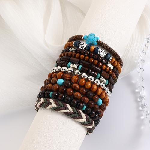 Wood Bracelets, with Cotton Thread & turquoise & Coco, Unisex, mixed colors, Sold By Set