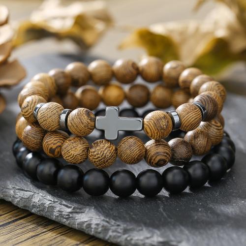 Bracelets en bois, avec Abrazine Stone, trois pièces & unisexe, couleurs mélangées, Vendu par fixé