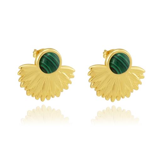 Boucle d'oreille de gaujon en acier inoxydable, Acier inoxydable 304, avec turquoise synthétique, fleur, Placage de couleur d'or, bijoux de mode & différents matériaux pour le choix & pour femme, Vendu par paire