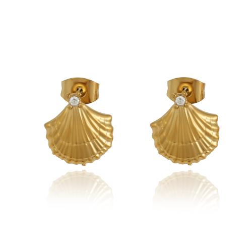 Stainless Steel Stud Earrings, 304 Stainless Steel, Shell, plated, fashion jewelry & for woman & with rhinestone, golden, Sold By Pair