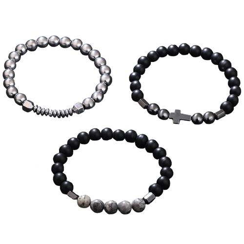 Gemstone Bracelets, Hematite, with Abrazine Stone & Elastic Thread & Map Stone, three pieces & fashion jewelry & Unisex, black, Sold By Set