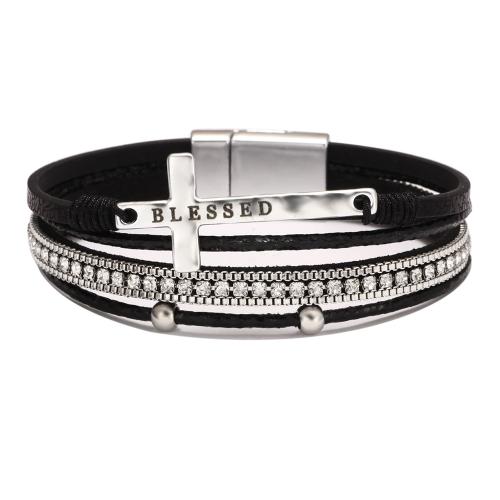 PU Leather Cord Bracelets, Tibetan Style, with PU Leather, plated, multilayer & Unisex & with rhinestone, more colors for choice, wide:3cm., Length:Approx 20 cm, Sold By PC