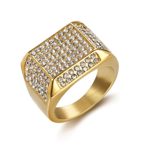 Rhinestone-Edelstahl -Finger-Ring, 304 Edelstahl, plattiert, verschiedene Größen vorhanden & für den Menschen & mit Strass, goldfarben, verkauft von PC