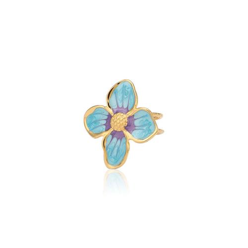 Emaille Rostfreier Edelstahl Fingerring, 304 Edelstahl, Blume, goldfarben plattiert, für Frau & hohl, verkauft von PC