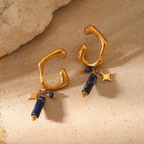 Stainless Steel Stud Earrings, 304 Stainless Steel, with Natural Stone, gold color plated, fashion jewelry & for woman & hollow, Sold By Pair