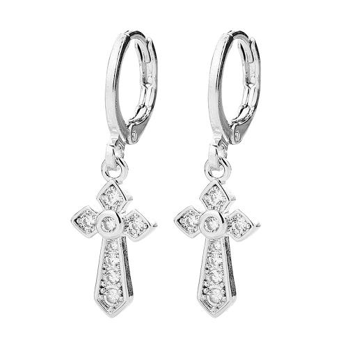 Boucles d'oreilles en laiton zircon cubique pavent, Placage, pavé de micro zircon & pour femme, couleur platine, 14x8mm, Vendu par paire