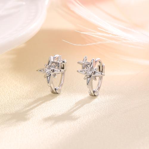 Boucles d'oreilles en laiton zircon cubique pavent, Placage, pavé de micro zircon & pour femme, couleur platine, The star is about 8 x 8mm, with an inner diameter of about 8mm, Vendu par paire