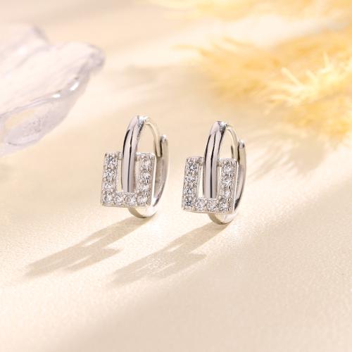 Boucles d'oreilles en laiton zircon cubique pavent, Placage, pavé de micro zircon & pour femme, couleur platine, Square 6*6.5MM, inner diameter 9MM, Vendu par paire