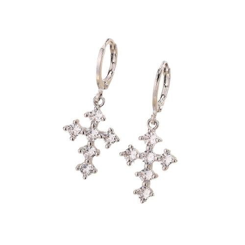 Cubic Zirconia Micro Pave Brass Earring, Cross, plated, micro pave cubic zirconia & for woman, platinum color, 35mm, Sold By Pair