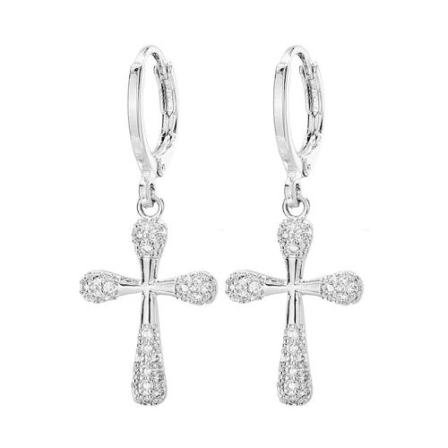 Boucles d'oreilles en laiton zircon cubique pavent, croix, Placage, pavé de micro zircon & pour femme, couleur platine, 35mm, Vendu par paire