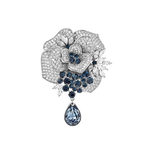 Crystal Brooch, Brass, with Austrian Crystal, plated, micro pave cubic zirconia & for woman, silver color, 64x47mm, Sold By PC