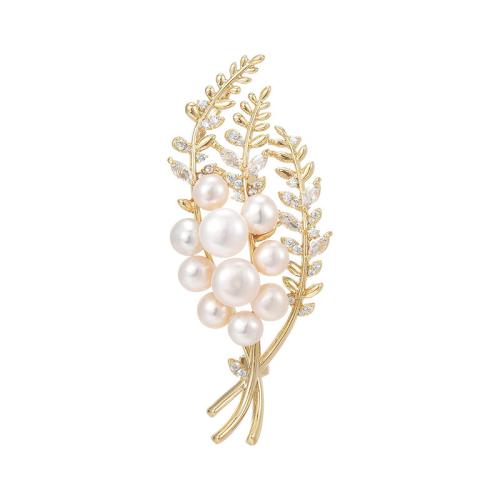 Freshwater Pearl Brooch, Brass, with Freshwater Pearl, plated, micro pave cubic zirconia & for woman, golden, 65x28mm, Sold By PC