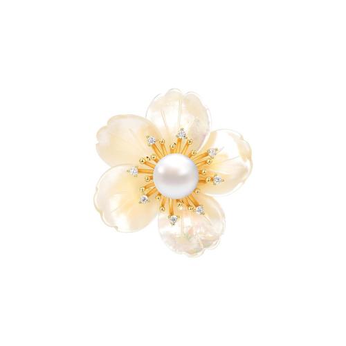 Shell Brooch, Brass, with Shell & Freshwater Pearl, plated, micro pave cubic zirconia & for woman, golden, 31x31mm, Sold By PC