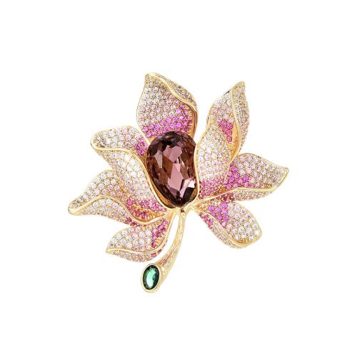 Broche cristal, laiton, avec Cristal autrichien, Placage, pavé de micro zircon & pour femme, doré, 52x53mm, Vendu par PC