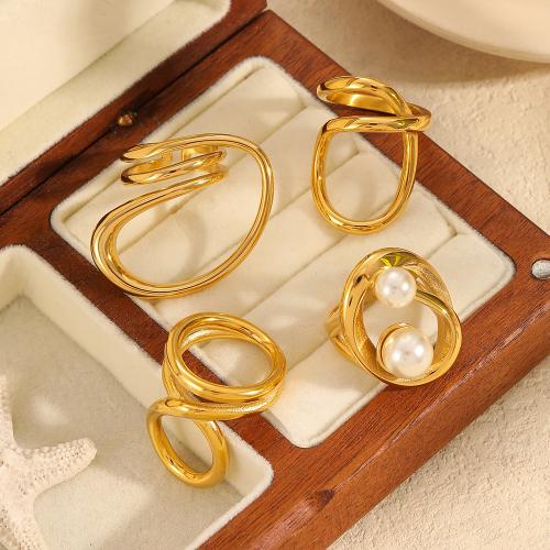 Stainless Steel Finger Ring, 304 Stainless Steel, with Plastic Pearl, gold color plated, different styles for choice & for woman, more colors for choice, Sold By PC