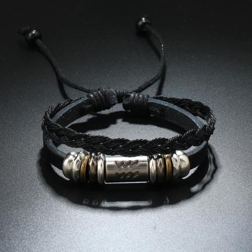 PU Leather Cord Bracelets, with Wax Cord & Wood & Copper Coated Plastic & Tibetan Style, handmade, Double Layer & Zodiac symbols jewelry & for man, black, Sold By PC