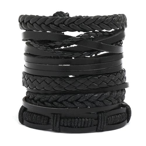 PU Leather Cord Bracelets, with Linen & Wax Cord, handmade, 6 pieces & fashion jewelry & Unisex, black, Sold By Set