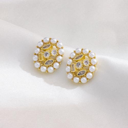 Titanstahl Ohrstecker, mit Muschelkern, Geometrisches Muster, goldfarben plattiert, Micro pave Zirkonia & für Frau, earring length 15-20mm, verkauft von Paar