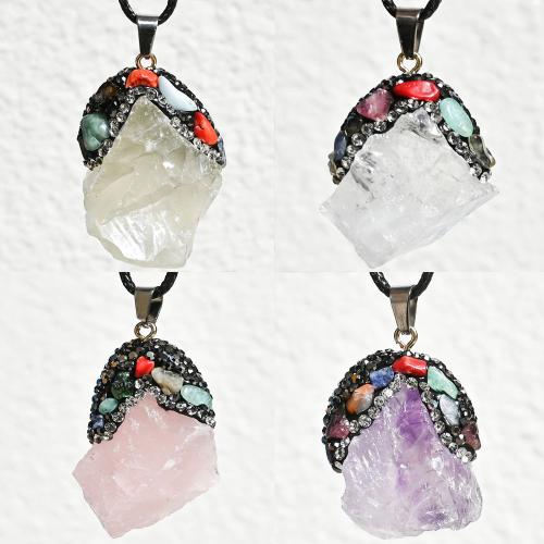 Quartz Gemstone Pendants, with Rhinestone Clay Pave & Natural Fluorite & Iron, irregular, DIY, more colors for choice, about:25-32mm, Sold By PC