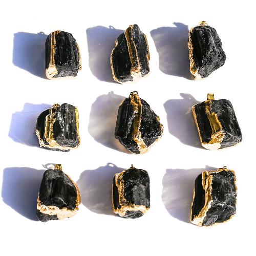 Gemstone Pendants Jewelry, Tourmaline, with Iron, irregular, gold color plated, DIY, black, about:25-38mm, Sold By PC