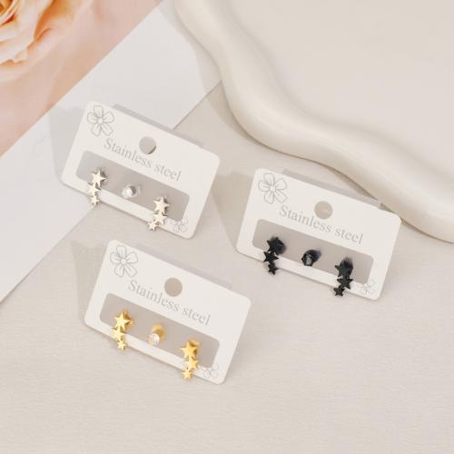 Stainless Steel Stud Earrings, 304 Stainless Steel, with Cubic Zirconia, Star, plated, three pieces & fashion jewelry & Unisex, more colors for choice, Sold By Set