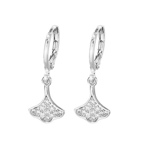 Boucles d'oreilles en laiton zircon cubique pavent, Ginkgo Feuille, Placage, pavé de micro zircon & pour femme, couleur platine, 22mm, Vendu par paire