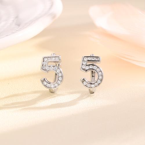 Cubic Zirconia Micro Pave Brass Earring, Number 5, plated, micro pave cubic zirconia & for woman, platinum color, Inner diameter about 8mm, Sold By PC