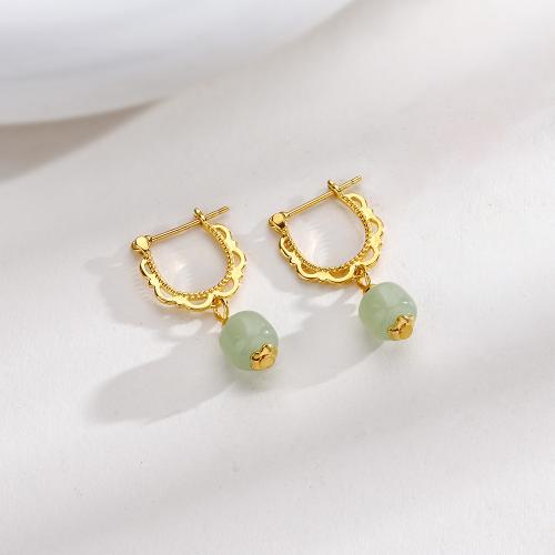 Huggie Hoop Drop Earring, Brass, plated, Imitation Hetian Jade & for woman, gold, 13x25mm, Sold By Pair