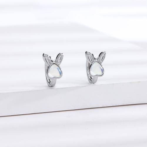 Brass Leverback Earring, with Moonstone, Rabbit, plated, for woman, platinum color, Rabbit 11MM, diameter 13MM, Sold By Pair