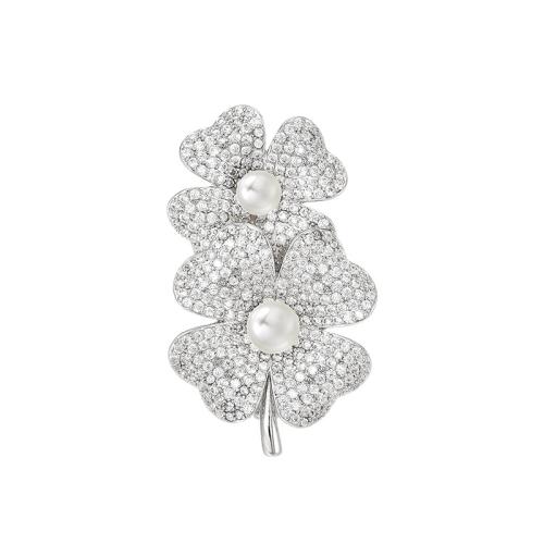 Fashion Brooch Jewelry, Brass, with Shell Pearl, plated, micro pave cubic zirconia & for woman, silver color, 29x49mm, Sold By PC