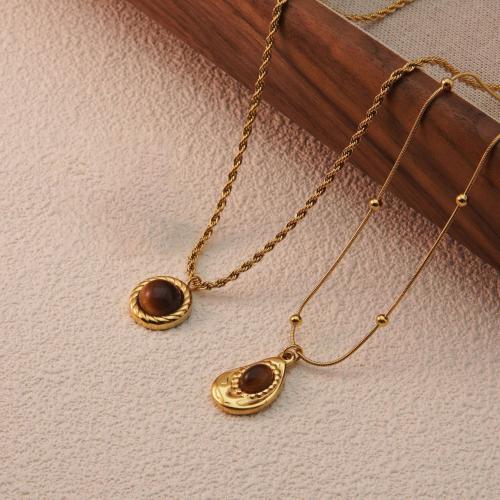 Stainless Steel Jewelry Necklace, 304 Stainless Steel, with Tiger Eye, plated, different styles for choice & for woman, golden, Length:Approx 41-50 cm, Sold By PC