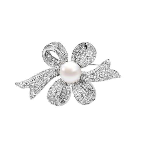 Fashion Brooch Jewelry, Brass, with Shell Pearl, plated, micro pave cubic zirconia & for woman, silver color, 35x58mm, Sold By PC