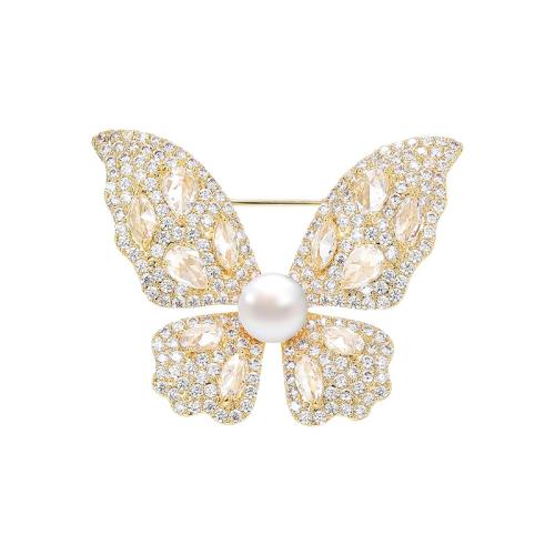 Freshwater Pearl Brooch, Brass, with Freshwater Pearl, plated, micro pave cubic zirconia & for woman, golden, 40x32mm, Sold By PC