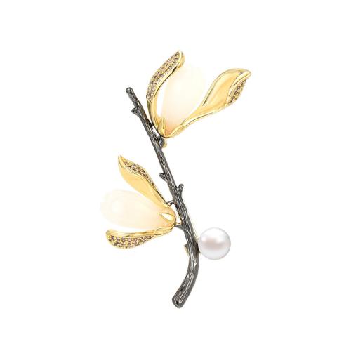 Freshwater Pearl Brooch, Brass, with Hetian Jade & Freshwater Pearl, plated, micro pave cubic zirconia & for woman, golden, 75x40mm, Sold By PC