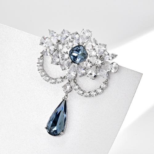 Crystal Brooch, Brass, with Austrian Crystal, plated, micro pave cubic zirconia & for woman, silver color, 61x48mm, Sold By PC