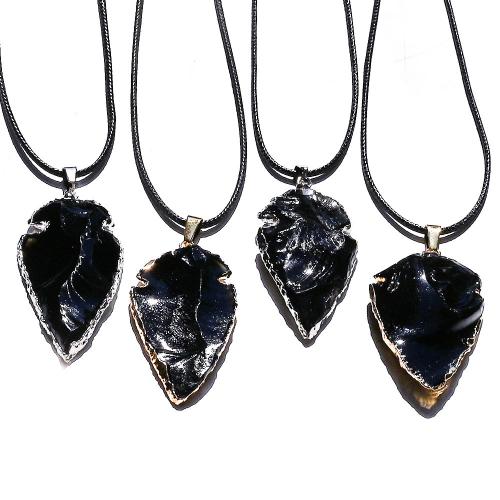 Natural Gemstone Necklace, Obsidian, with leather cord & Iron, with 5cm extender chain, arrowhead, plated, DIY, more colors for choice, about:30-50mm, Length:Approx 38 cm, Sold By PC