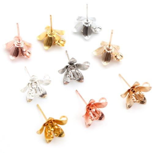 Brass Earring Stud Component, Flower, plated, DIY, more colors for choice, nickel, lead & cadmium free, 14x14mm, Approx 100PCs/Bag, Sold By Bag