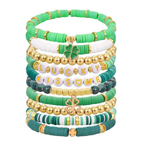 Bijoux bracelets de mode, argile de polymère, avec fil élastique & plastique revêtu de cuivre & Acrylique, fait à la main, 10 pièces & bijoux de mode & pour femme, couleurs mélangées, Longueur:Environ 17 cm, Vendu par fixé