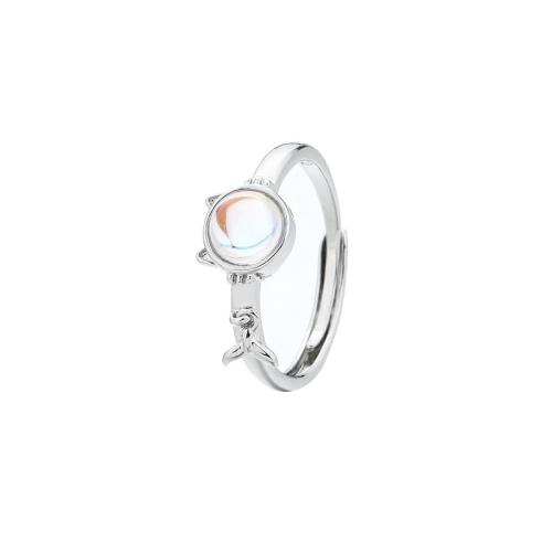 Brass Finger Ring, with Moonstone, plated, for woman, platinum color, Sold By PC