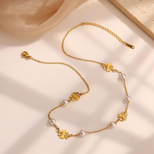 Stainless Steel Jewelry Necklace, 304 Stainless Steel, with Resin & Plastic Pearl, plated, different styles for choice & for woman, golden, Length:Approx 41-50 cm, Sold By PC