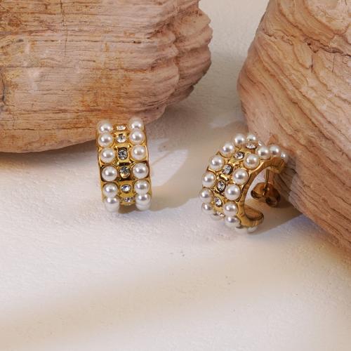 Stainless Steel Stud Earrings, 304 Stainless Steel, with Plastic Pearl, plated, micro pave cubic zirconia & for woman, golden, Sold By PC