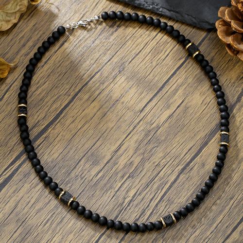 Natural Gemstone Necklace, Abrazine Stone, with Lava, for man, black, Length:50 cm, Sold By PC