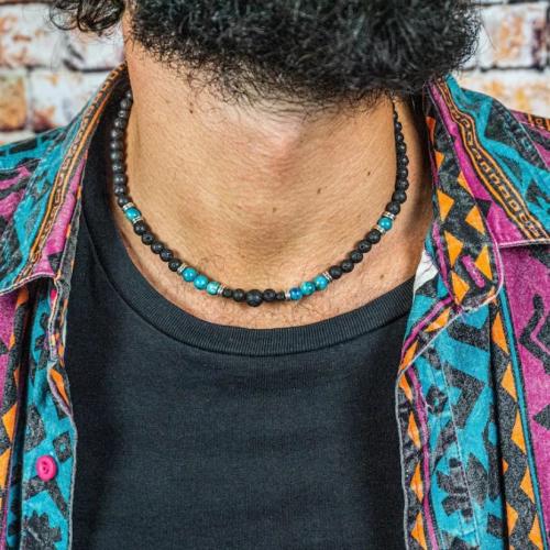 Collier bijoux de pierre gemme, lave volcanique, avec turquoise, pour homme, noire, Vendu par PC