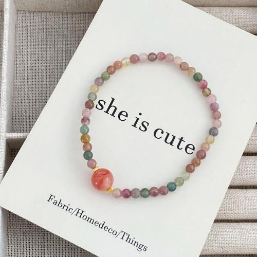 Gemstone Bracelets, Tourmaline, with Elastic Thread, for woman, pink, Length:17 cm, Sold By PC