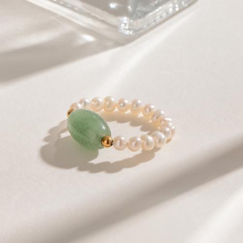 Stainless Steel Finger Ring, ABS Plastic Pearl, with Gemstone & 304 Stainless Steel, fashion jewelry, white, Sold By PC